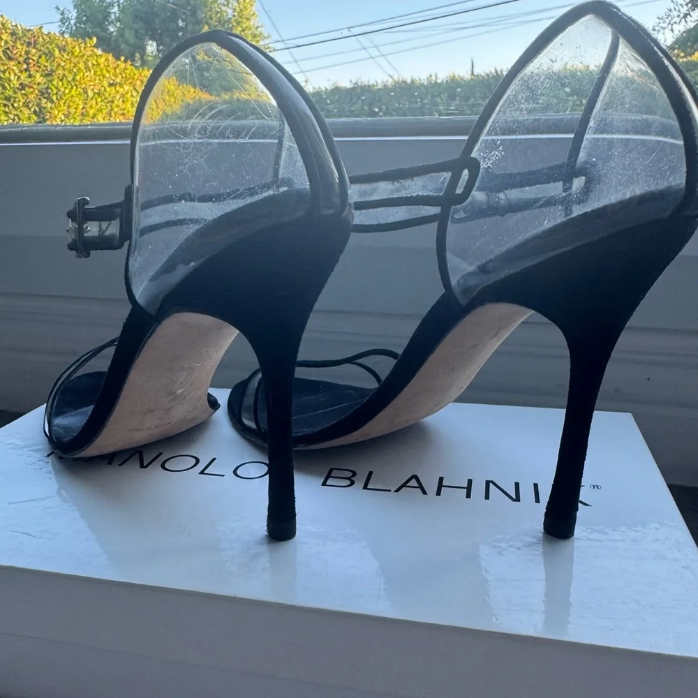 Manolo Blahnik Fersen 105MM Suede-Trimmed PVC Heel Sandals Size 37 - Picture 4 of 9